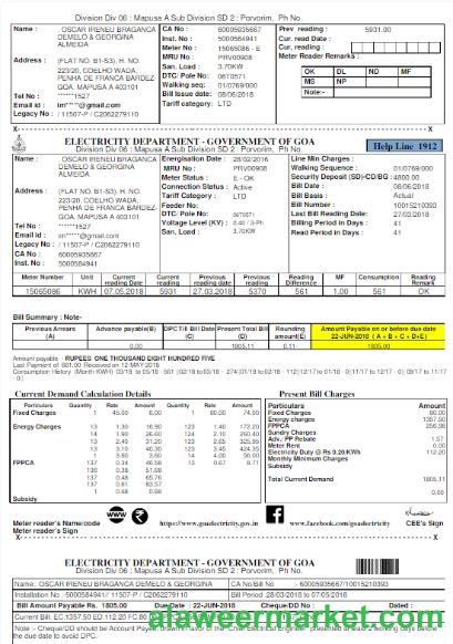 INIDA ELECTRICITY DEPARTMENT GOVERNMENT OF GOA utility bill Word and PDF template